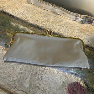 Lulu Guinness White Clutch Purse with Jeweled Kiss Lock and Polka Dot Lining